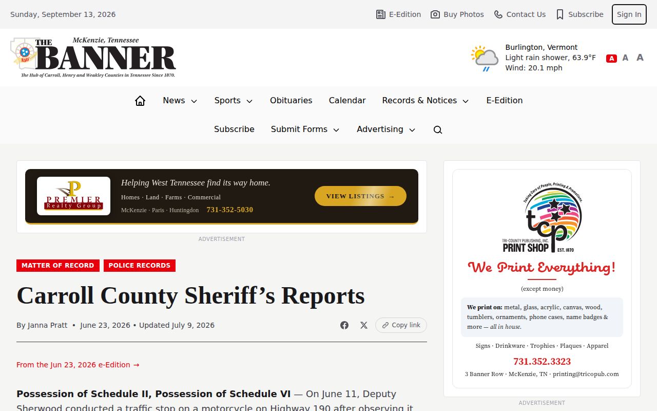 Carroll County sheriff report used as a secondary arrest-log source