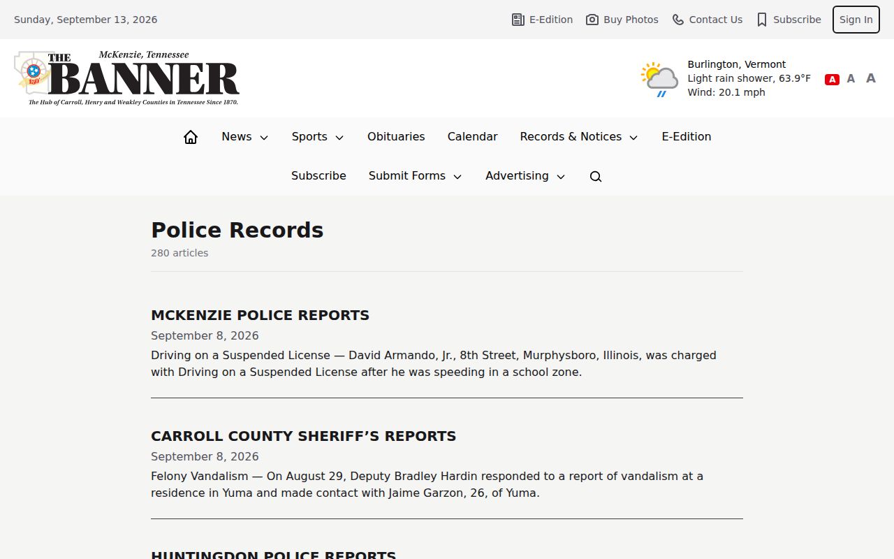 Carroll County arrest news categories in the McKenzie Banner police records index